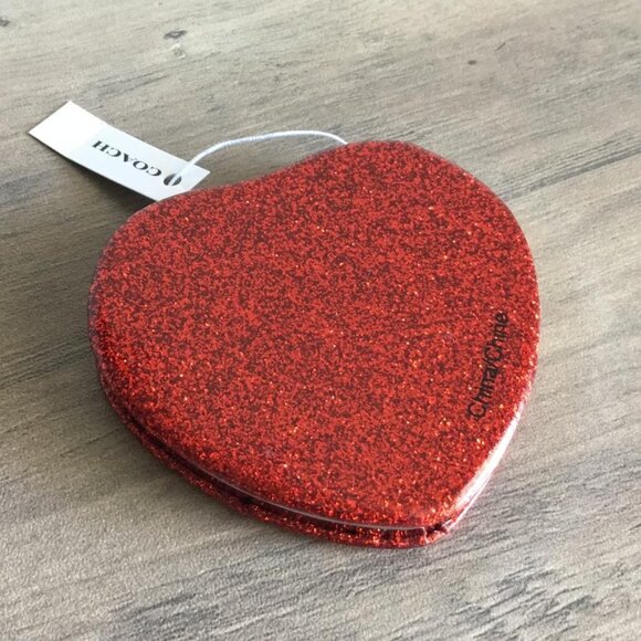 Coach Red Wine Glitter Leather Heart Red Wine Sparkle Compact Mirror NWT CF153 - Picture 3 of 5